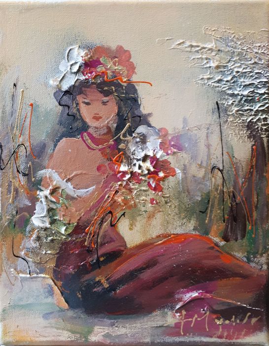 Μουρατίδου Φώφη ζωγραφική με μια κοπέλα με λουλούδια