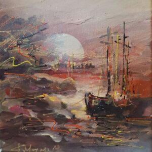 Μουρατίδου Φώφη ζωγραφική τοπίο με βάρκα στην θαλασσα