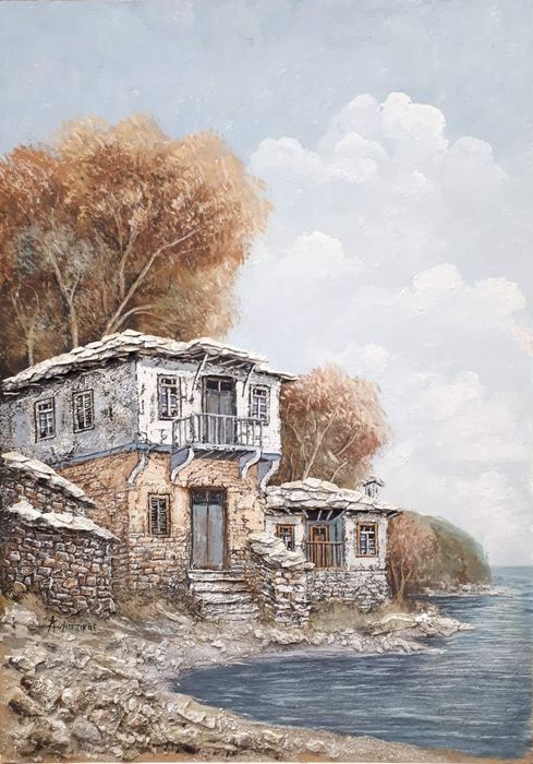 Ζυματίκας Ανδρέας έργο ζωγραφικής τοπίο με σπίτια παραθαλάσσια