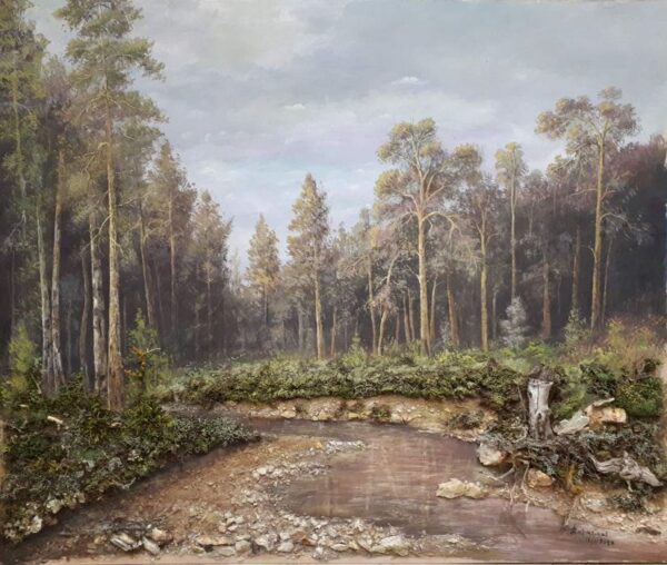 Ζυματίκας Ανδρέας μικτή τεχνική τοπίο ζωγραφική με φυσικα υλικά και πέτρα ,δάσος ποτάμι