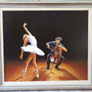 Βλαχογιάννης Νικόλαος πίνακας ζωγραφικης με μια μπαλαρινα και εναν μουσικο με ενα βιλεντζέλο