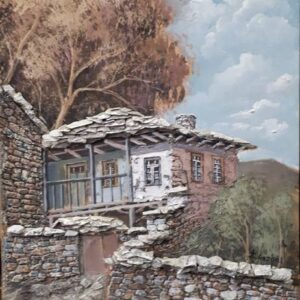 Ζυματίκας Ανδρέας πίνακας ζωγραφικής ,τόπιο ,σπίτι με πέτρα στο βουνό
