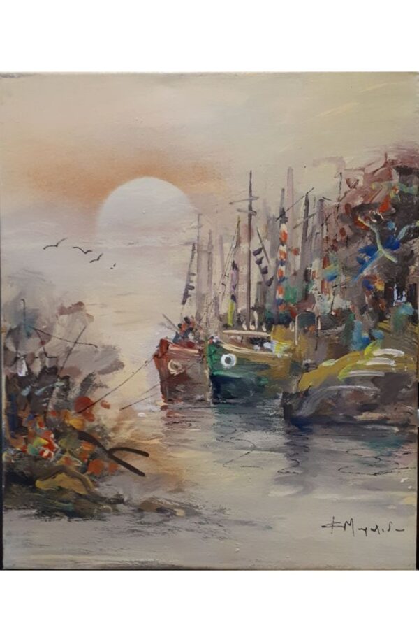 ζωγραφική λάδι σε καμβά ηλιοβασίλεμα στο λιμάνι